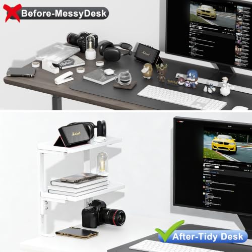2-Tier Desk Shelf, Expandable Under Desk Storage, Clamp on Desk Shelf, Desktop Accessories for Offices, Study Rooms, and Game Rooms (White) - color: White