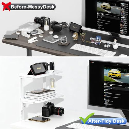 2-Tier Desk Shelf, Expandable Under Desk Storage, Clamp on Desk Shelf, Desktop Accessories for Offices, Study Rooms, and Game Rooms (White) - color: White