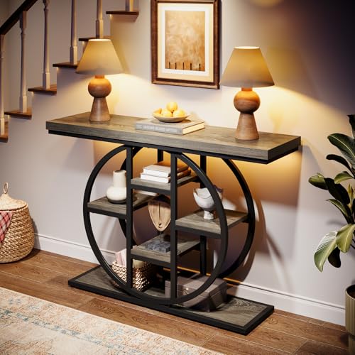 Celaform 41" Console Table, 4-Tier Entryway Table with Circle Base, Industrial Narrow Wood Sofa Accent Tables with Storage Shelves for Living Room, Hallway, Foyer (Grey) - color: Grey