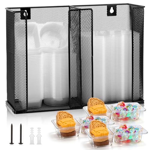 Wall Mounted Condiment Cup Dispenser for Double Compartment Condiment Container Fits 4.5 oz Disposable Snack Containers with Lids Snack Tray with Lid Metal Portion Sauce Cup Lid Organizer for Kitchen