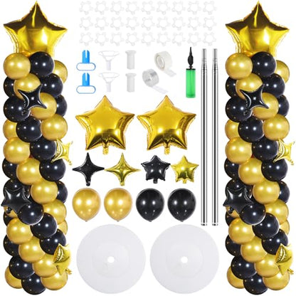 Gejoy 110 Pcs Black Gold Balloons Column Stand Kit Adjustable Tower Stand from 1.4 to 6.6 ft with Bases for Back to School Wedding Birthday Baby Shower Party - color: Black Gold