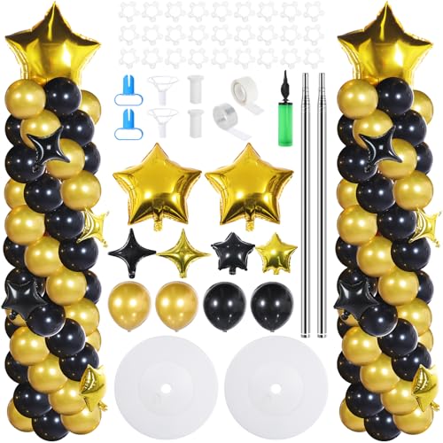 Gejoy 110 Pcs Black Gold Balloons Column Stand Kit Adjustable Tower Stand from 1.4 to 6.6 ft with Bases for Back to School Wedding Birthday Baby Shower Party - color: Black Gold