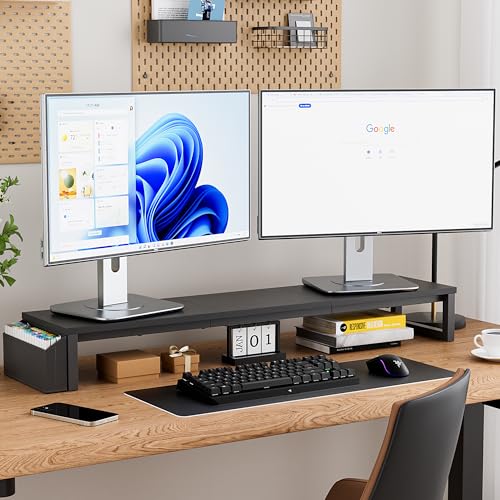 Dual Monitor Stand Riser, 41.5'' Extra Long Wood Monitor Stand Desktop Organizer with Side Pocket, Ergonomic Monitor Riser Supports 2 Monitors,TV,Laptop,Printer for Home Office, Black - color: Black, style: Single-Type
