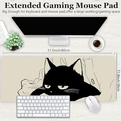 Gaming Mouse Pad XL Extended Anime Mouse Pad 31.5x11.8 inch, Large Cute Kawaii Big Computer Mouse Mat Desk Pad with Non-Slip Rubber Base and Stitched Edge for Home Office-Black Cat - color: Black Sleeping Cat, size: 31.5L x 11.8W inches