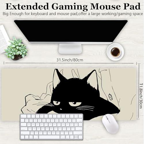 Gaming Mouse Pad XL Extended Anime Mouse Pad 31.5x11.8 inch, Large Cute Kawaii Big Computer Mouse Mat Desk Pad with Non-Slip Rubber Base and Stitched Edge for Home Office-Black Cat - color: Black Sleeping Cat, size: 31.5L x 11.8W inches