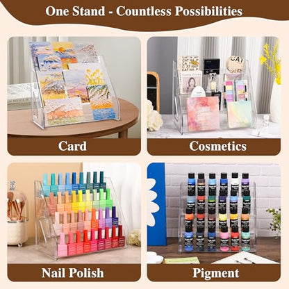 CELSOL 2 Pack Elevated 4 Tier Clear Acrylic Card Display Stand for Trading Cards, Sports Cards, Greeting Cards, Stickers – Slanted Holder for PSA Slabs, Vendors, Collectors & Retail (4 Tier 2 Pack)