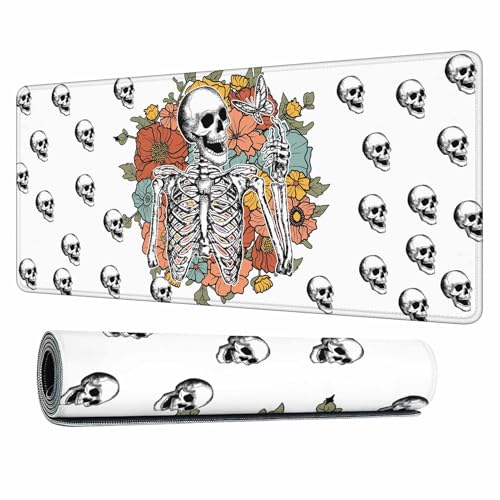 Skeleton Wildflower Full Desk Mouse Pad Funny Retro Skull Halloween Gothic Large Gaming Mousepad for Keyboard PC.Home,Office 35.4"X15.7" - color: Skeleton wildflower