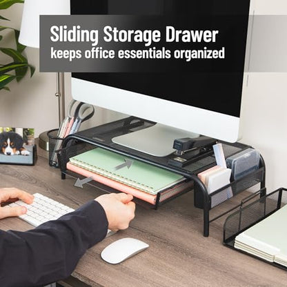Mind Reader Monitor Stand, Ventilated Laptop Riser, Paper Tray, Storage, Office, Metal Mesh, 20"L x 11.5"W x 5.5"H, Black - color: Black