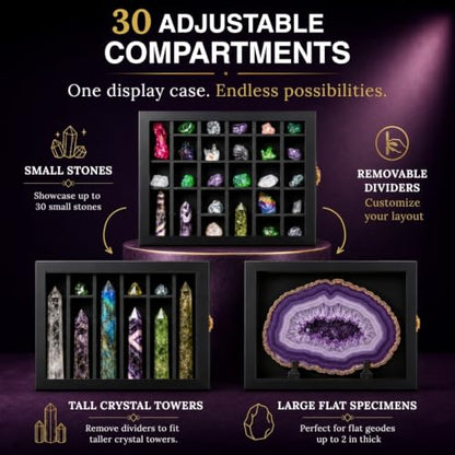 Premium Rock Display Case – Wooden Shadow Box with Shelves for Crystals, Seashell & Figurines – 30 Adjustable Compartments – Real Glass Door – Elegant Storage for Collectibles