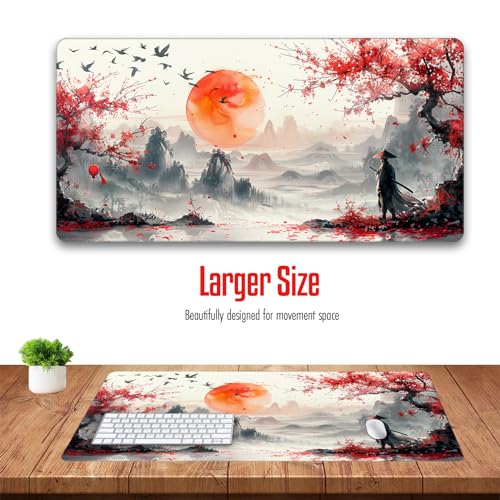 Large Japanese Gaming Mouse Pad, White and Red, Premium Non-Slip Anime Desk Pad for Office, Extended XL XXL Mouse Mat and Laptop Pad, Waterproof and Stiched Edges 31.5 x 15.7 in (sam1) - color: White, Red