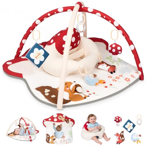 3-in-1 Baby Play Mat & Baby Seats for Infants for Sitting Up, Tummy Time Gym Activity Mat with 5 Detachable Toys, for Babies 0-6-12-18 Months, Newborn Babies Shower Gifts(Red) - color: Red