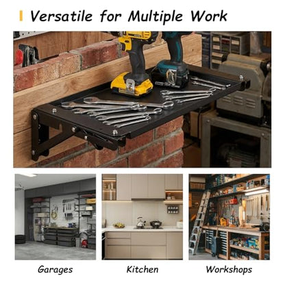 Wall-Mounted Folding Metal Workbench with Magnetic Tool Tray, Heavy-Duty Fold-Down Work Table for Garage, Workshop, Toolbox & Storage Systems, Space-Saving Steel Work Surface