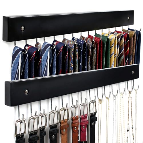 Wall Mounted Tie & Belt Rack Organizer - 2 Pack, 28 Hooks Hold 40 Ties & 40 Belts, 180° Rotating Space Saving Design, Sturdy Wood Decorative Wall Storage (Black) - color: Black