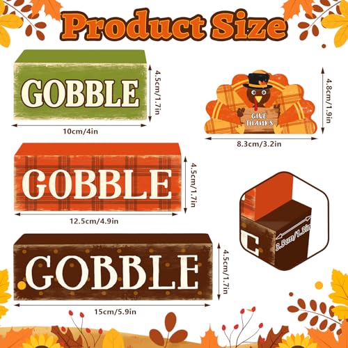 4 Pcs Fall Decorations for Home Thanksgiving Turkey Tiered Tray Decor, Fall Table Decor Farmhouse Rustic Wooden Turkey Block Sign Autumn Harvest Tabletop Centerpieces for Home Kitchen Indoor - style: Gobble Turkey