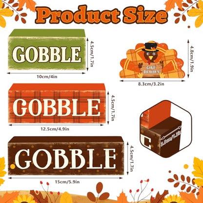 4 Pcs Fall Decorations for Home Thanksgiving Turkey Tiered Tray Decor, Fall Table Decor Farmhouse Rustic Wooden Turkey Block Sign Autumn Harvest Tabletop Centerpieces for Home Kitchen Indoor - style: Gobble Turkey