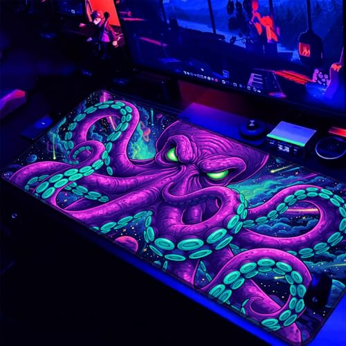 Blacklight Octopus Mouse Pad – UV Reactive Neon Tentacle Galaxy Desk Mat, Glow in The Dark Extended Gaming Mousepad with Colorful Cosmic Kraken Art for Gamers, Room Decor - 31.5" x 11.8" - color: Octopus