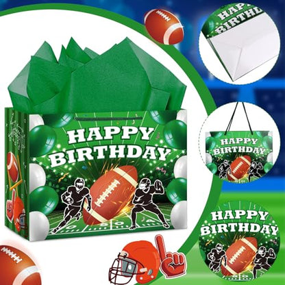 Hooqict Football Gift Bag Football Birthday Party Gift Wrapping Bag with Tissue Paper and Greeting Card for Boys Men Sport Birthday Football Bag Goodie Treat Party Favors - color: Football