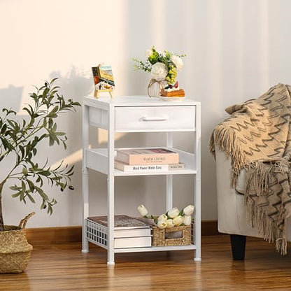 Lerliuo White Printer Stand with Fabric Drawer, 3 Tier Industrial Side Table, Modern Small Printer Desk Holder with Storage Shelf,Multi-Functional Bedside Tables for Home Office Fax Machine Scanner - color: White
