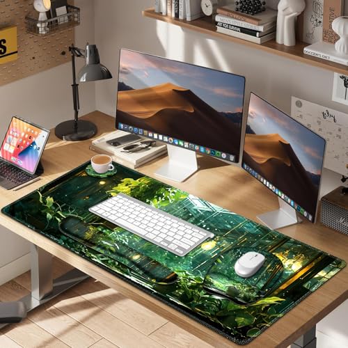 Large Mouse Pad with Wrist Support 4 in1 Set, XXL Big Game Mousepad + Keyboard Wrist Rest+Mouse Wrist Rest Pad +Coaster Gaming Mat for Women Men Home Office Computer I Green Plants Romantic Rain - color: Green Plants Romantic Rain