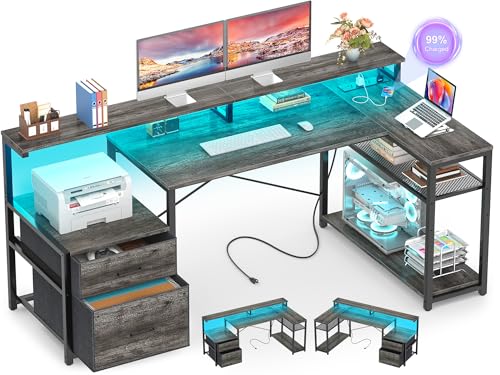 Aheaplus L Shaped Desk with File Drawer, Reversible L Shaped Computer Desk Gaming Desk with Power Outlet & LED Strip, Home Office Desk with Monitor Shelf, Corner Desk with Storage Shelves, Grey Oak - color: Black Oak