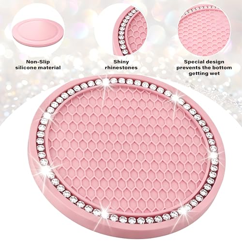 BFXM 2 PCS Bling Cup Holder Coasters for Car, 2.75 inch Diamond Universal Non-Slip Pink Silicone Cup Holder Coasters, Sparkly Bling Car Accessories for Women(White Diamond) - color: Pink+bling White
