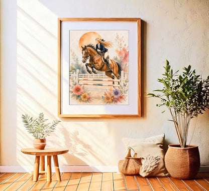 Inspirational Watercolor Jumping Horse Equestrian Quote Art Print for Girl's Bedroom Empowerment, Riding School Locker Team Gym Study Desk Wall Art, Sibling Grandparent Young Jumper Rider Team Captain Coach Parent Birthday Graduation Gifts - 8x10 Unframed