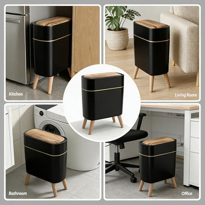 suyika Automatic Trash Can, 2.6 Gallon/10L Bathroom Trash Can with Lid - Wood Grain Lid and Legs, Touchless Waterproof Garbage Bin for Bedroom, Bathroom, Office, Living Room - color: Black
