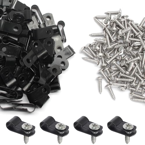 100 Pcs 1/4 Inch Black Nylon Screw Mounting R-type Cable Clip Wire Clamp, 6.4mm Cable Clip Wire Clamp for Wire Management, Stainless Steel Screws Includedc - color: 100 Pcs Black, size: 1/4