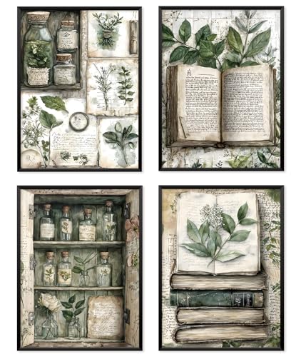 Locomiss Vintage Plants Book Wall Art Posters, Reading Nook Corner Farmhouse Decor, Dark Academia Rustic Botanical Bookish Prints Posters for Library Reading Room Wall Decor, Set of 4 (8x10 Unframed) - color: plants, size: 12x16 Inches