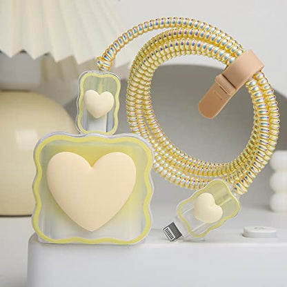 Compatible with iPhone 18W/20W USB-C Charger Cover Lovely 3D Love Heart Waves Clear Soft Charger Protector Cute Cable Saver for iPhone 11 12 13 14 Pro Max Fast Power Adapter, Beige 1 (5in1) - color: Beige 1 (5 in 1)