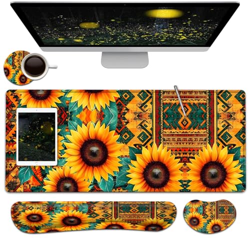 Large Mouse Pad + Keyboard Wrist Rest Set, Extended Gaming Mousepad (31.5X11.8 inch) with Non-Slip Rubber, Ergonomics Memory Foam Mouse Wrist Rest Support, Vintage Sunflower Boho Style XXL Desk Pad - color: Yu-Mouse Pad-3-B37