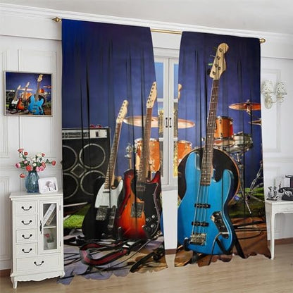Music Themed Guitar Curtain, Rock Music Drum Kit Musical Instruments Print Window Drapes for Bedroom Living Room 42" W X 45" L(No Blackout) - color: Music-8, size: 20.5"W x 45"L (Pack of 2)