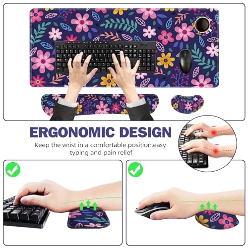 ToLuLu Extended Gaming Mouse Pad, Memory Foam Ergonomic Keyboard Mouse Wrist Rest Support Set, Large Desk Mat with Stitched Edges, Non-Slip Base Mousepad for Home Office Game Study, Purple Flowers - color: Purple Flowers