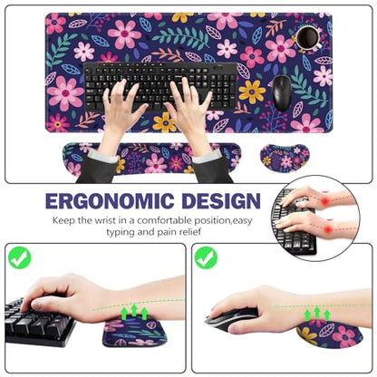 ToLuLu Extended Gaming Mouse Pad, Memory Foam Ergonomic Keyboard Mouse Wrist Rest Support Set, Large Desk Mat with Stitched Edges, Non-Slip Base Mousepad for Home Office Game Study, Purple Flowers - color: Purple Flowers