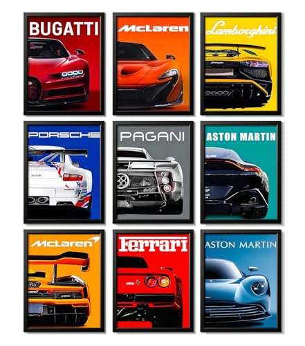 CSLGQGV Car Poster Vintage Racing Car Wall Art Supercar Canvas Prints Painting For Men Room Pictures Guys Dorm Room Aesthetics Decor Bedroom Office (Unframed,8×10inch,9pcs) Colorful car - color: Colorful 2, size: 8" x 10" Poster