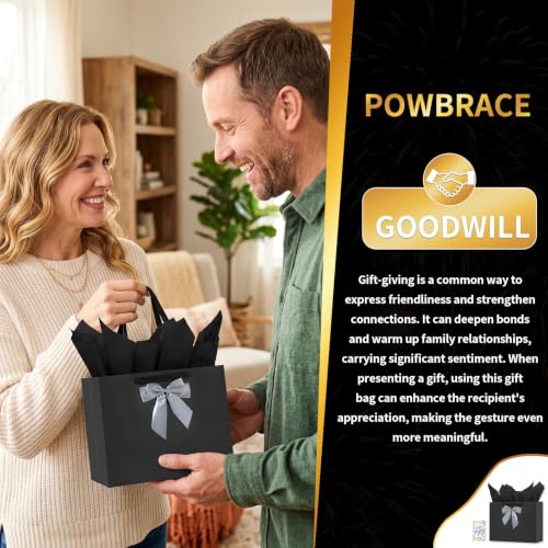 Powbrace Black Bags with Handles, 13" Medium Gift Bag Set - 2 Gift Bag with Bow, 4 Tissues & Greeting Card for Wedding Baby Shower Fathers Day Mothers Day Birthday Party - color: 2Pcs Black Glossy – General Purpose, size: 1 count (Pack of 1)