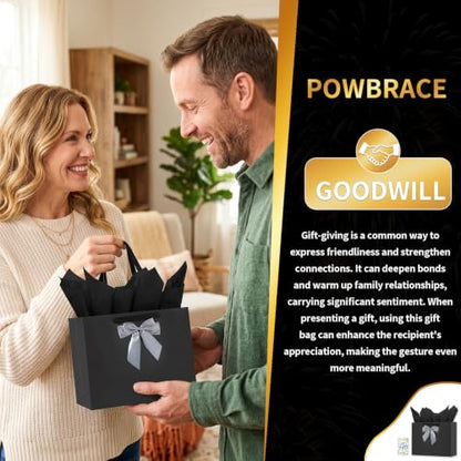 Powbrace Black Bags with Handles, 13" Medium Gift Bag Set - 2 Gift Bag with Bow, 4 Tissues & Greeting Card for Wedding Baby Shower Fathers Day Mothers Day Birthday Party - color: 2Pcs Black Glossy – General Purpose, size: 1 count (Pack of 1)