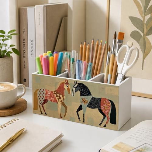 Boho Abstract Horse Pen Holder for Desk, Modern Western Equestrian Wooden Box Sign Desk Storage Organizer for Home Table Shelf Decoration, Gifts for Horse Lovers - color: Abstract Horse