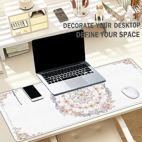 Boho Mouse Pad Mandala Desk Mat, Spring Summer Mouse Pad for Desk Large, Boho Desktop Mats Aesthetic French Countryside Computers Pads for Desk Office Dorm Women 31.5x11.8 - color: Pink Boho Flroal, size: 31.5L x 11.8W inches