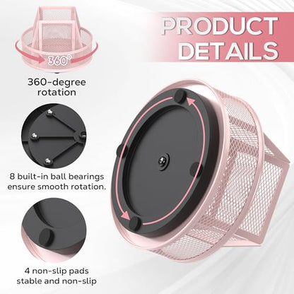 YINGHUA Metal Mesh Desk Organizer with 5 Compartments and Rotating Pencil Holder Pen and Stationery Organizer for Office Home School Anti Slip Base Pink - color: Pink