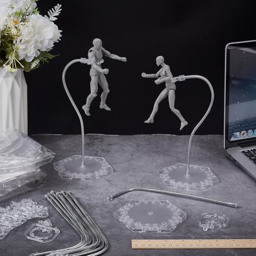 FINGERINSPIRE 12pcs Plastic Action Figure Stands with Hexagon Base Clear Flexible Action Figure Display Holder with Adjustable Snake Bone Metal Support Arm Compatible with HG/RG 1/144 Figures