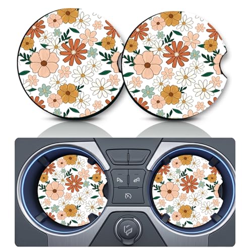 2PCS Retro Boho Floral Car Cup Holder Coasters, Cars Coasters for Cup Holders, 2.75" Universal Anti Slip Rubber Mat with Finger Slot, Daisy Flower Car Accessories Interior Decor, Floral Gifts - color: Floral-white