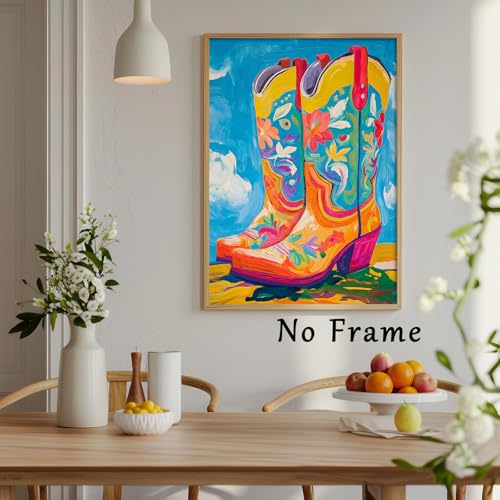 Cowgirl Boot Canvas Wall Art Trendy Western Poster Cowboy Boots Painting Preppy Aesthetic Pictures Abstract Print Cowgirl Boot Artwork Colorful Poster Western Cowboy Wall Art Prints 16x24inch No Frame - color: D1Unframed