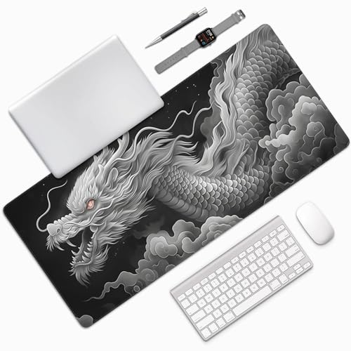 Extended Gaming Mouse Pad with Dragon Design, 35.4 x 15.7 Inches, Non-Slip Rubber Base, Stitched Edges, Rectangular Desk Mat - color: Dragon