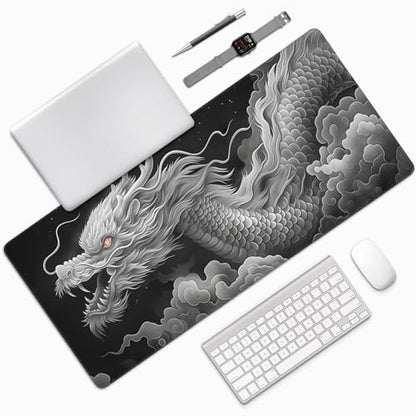 Extended Gaming Mouse Pad with Dragon Design, 35.4 x 15.7 Inches, Non-Slip Rubber Base, Stitched Edges, Rectangular Desk Mat - color: Dragon
