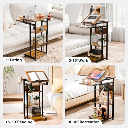 ZIFTY Couch Table with Charging Station and Storage Shelves 360°Swivel End Table with Shelves and Wheels C Shaped End Table for Laptops Tv Tray Side Table for Living Room Bedroom Rustic
