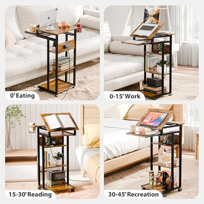 ZIFTY Couch Table with Charging Station and Storage Shelves 360°Swivel End Table with Shelves and Wheels C Shaped End Table for Laptops Tv Tray Side Table for Living Room Bedroom Rustic