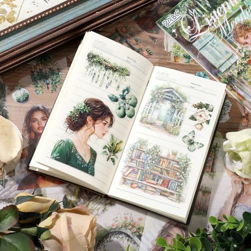 Scrapbooking Stickers 20 Sheets Pre-Cut 200 washi Stickers PET People Sticker Books for journaling Scrapbook Supplies Transparent Journal Sticker - color: Green