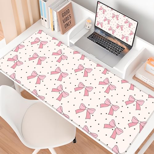 Large Gaming Mouse Pad, Full Keyboard Mat, Long Laptop Mousepad, Computer Mouse Mat for Home and Office, Anti-Slip Rubber Base, 31.5 x 11.5 Inches (Pink Bows with Polkadot) - color: Pink Bows With Polkadot
