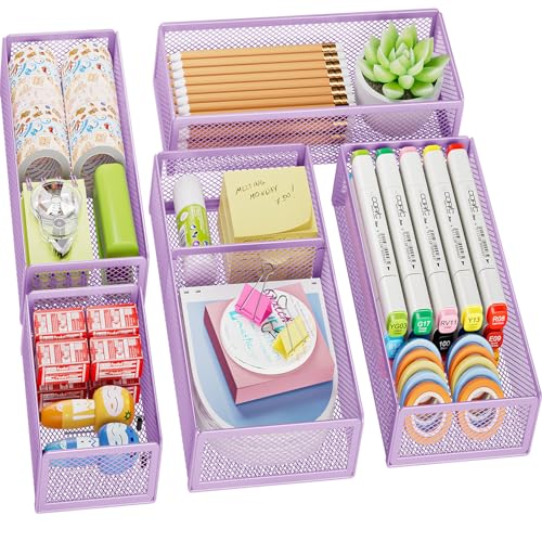 Marbrasse 5 Pack Desk Drawer Organizer Set, Mesh Drawer Storage Trays with 1 Adjustable Divider, Desk Organizers and Accessories, 5 PCS Drawer for Office Supplies, Makeup & Vanity (Purple) - color: Purple